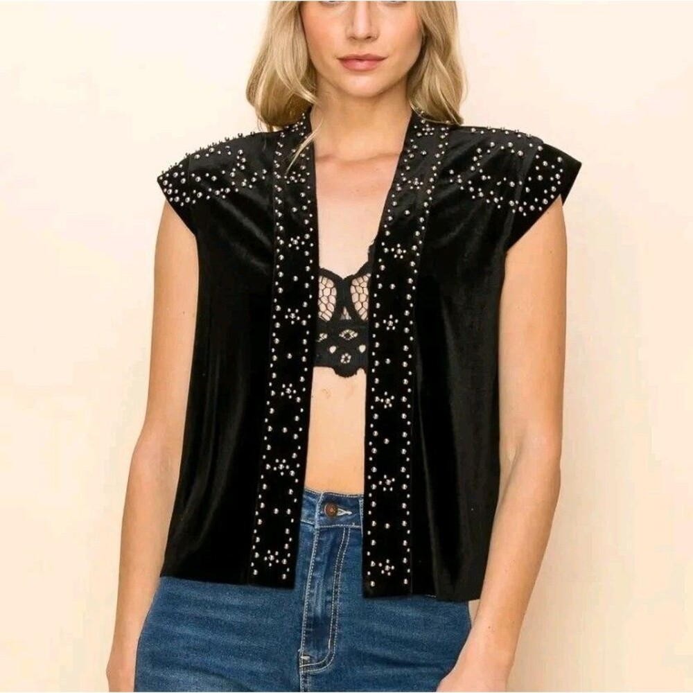 Vocal Black Velvet Studded Fringe Vest